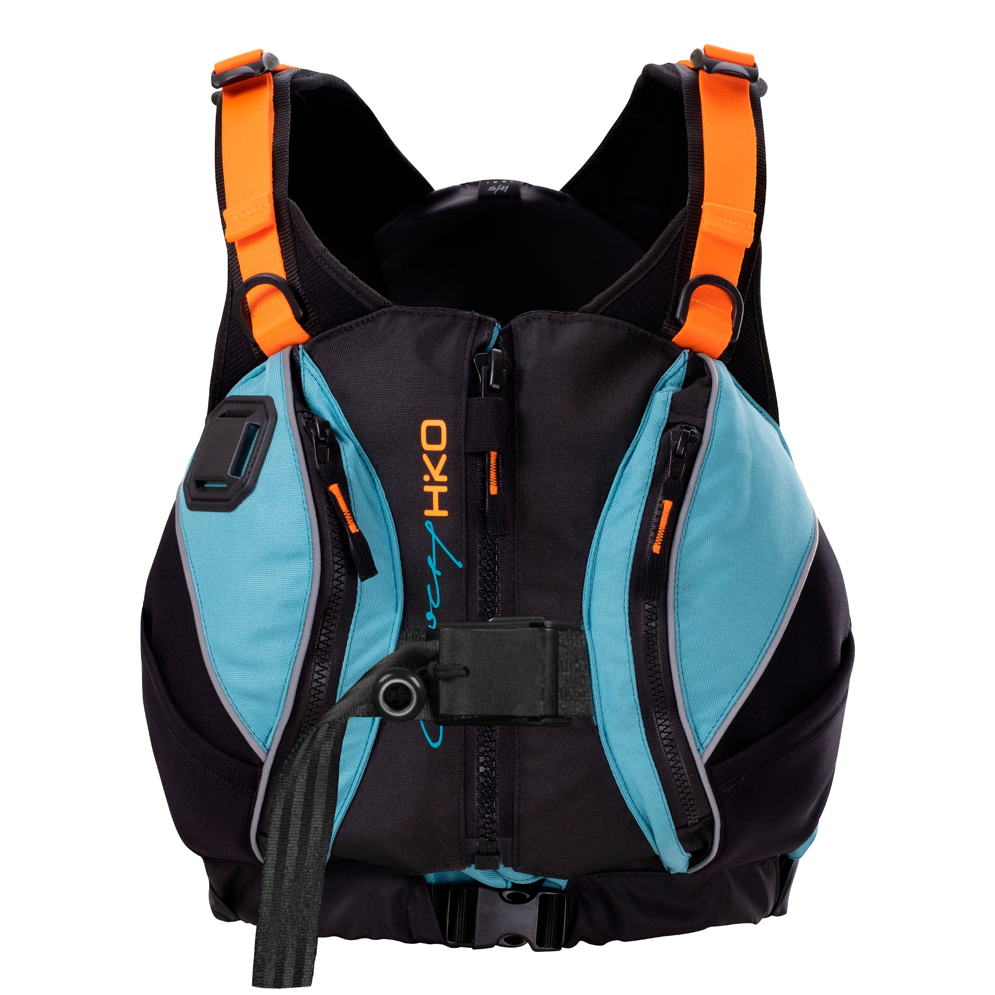 Hiko Sport Cinch Harness Schwimmweste in Eastern Blue (Cyan/Orange) für Wildwasser mit Front-Reißverschluss, auslösbarem Berge-Gurt, Taschen, Messerhalterung, Pfeife und Wurfsackfach.