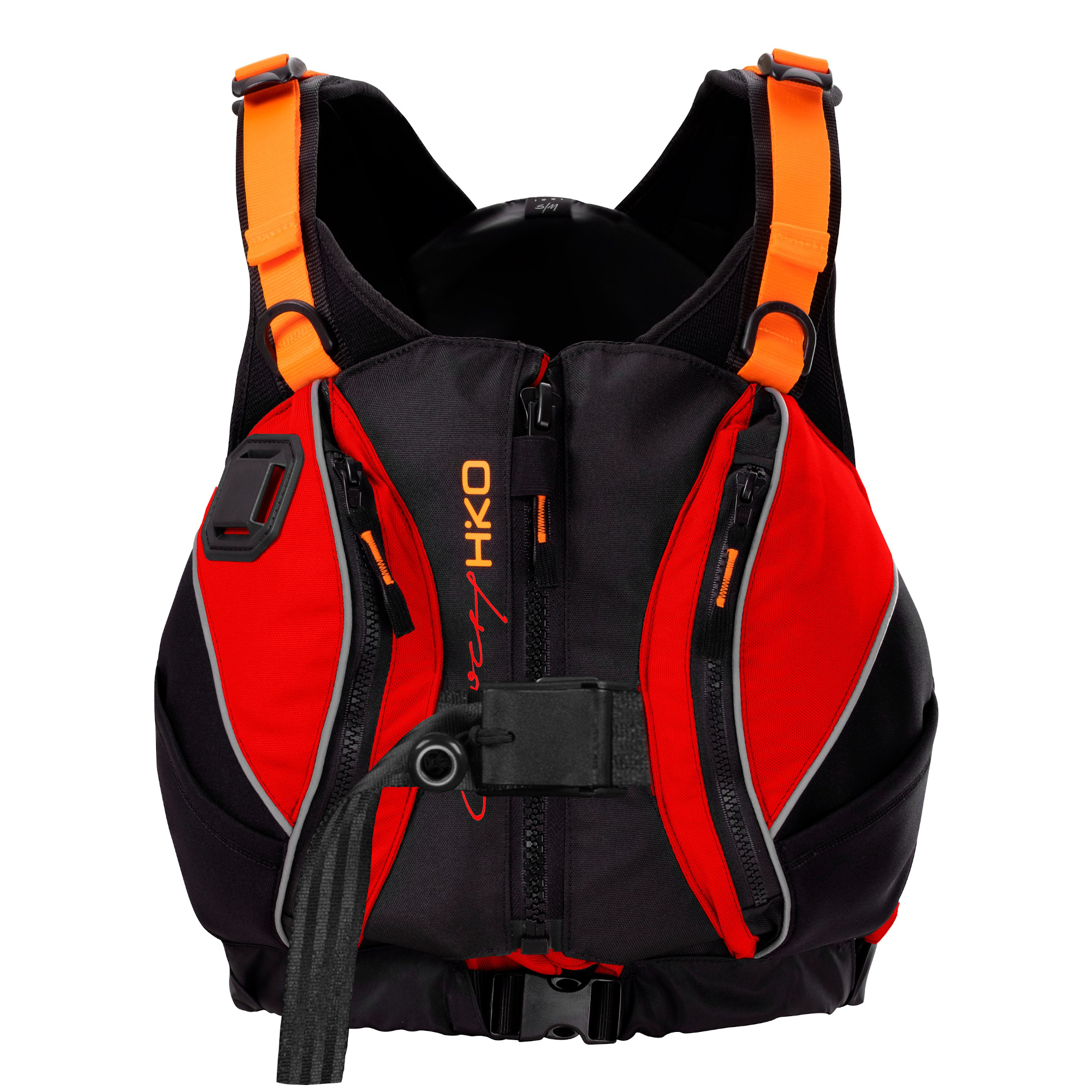 Hiko Sport Cinch Harness Schwimmweste in Inferno (Orange/Rot) für Wildwasser mit Front-Reißverschluss, auslösbarem Berge-Gurt, Taschen, Messerhalterung, Pfeife und Wurfsackfach.