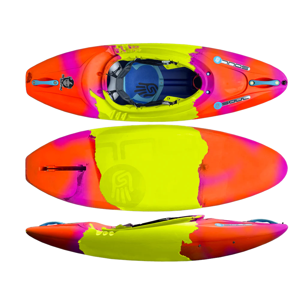 Soul Waterman Mini Monkey Kinder-Kajak in der Farbe Tequila Sunrise (Gelb/Orange), Seitenansicht. Kippstabiles PE-Boot mit Rundboden, verbesserten Laufeigenschaften und Skeg-Halterung.