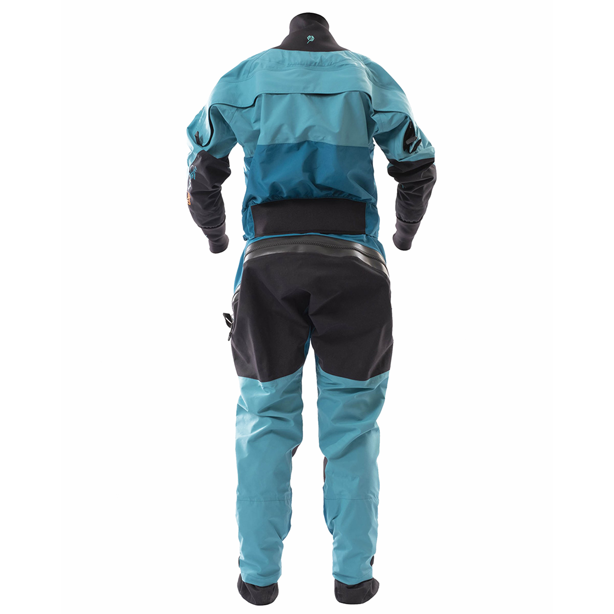 Rückansicht des blauen Hiko Sport Calypso Air4.X Damen Trockenanzugs Kaituna mit durchgehendem Rücken-Einstiegsreißverschluss, verstärkter Sitzfläche aus Cordura und integrierten Füßlingen für maximale Dichtigkeit im Wildwasser.