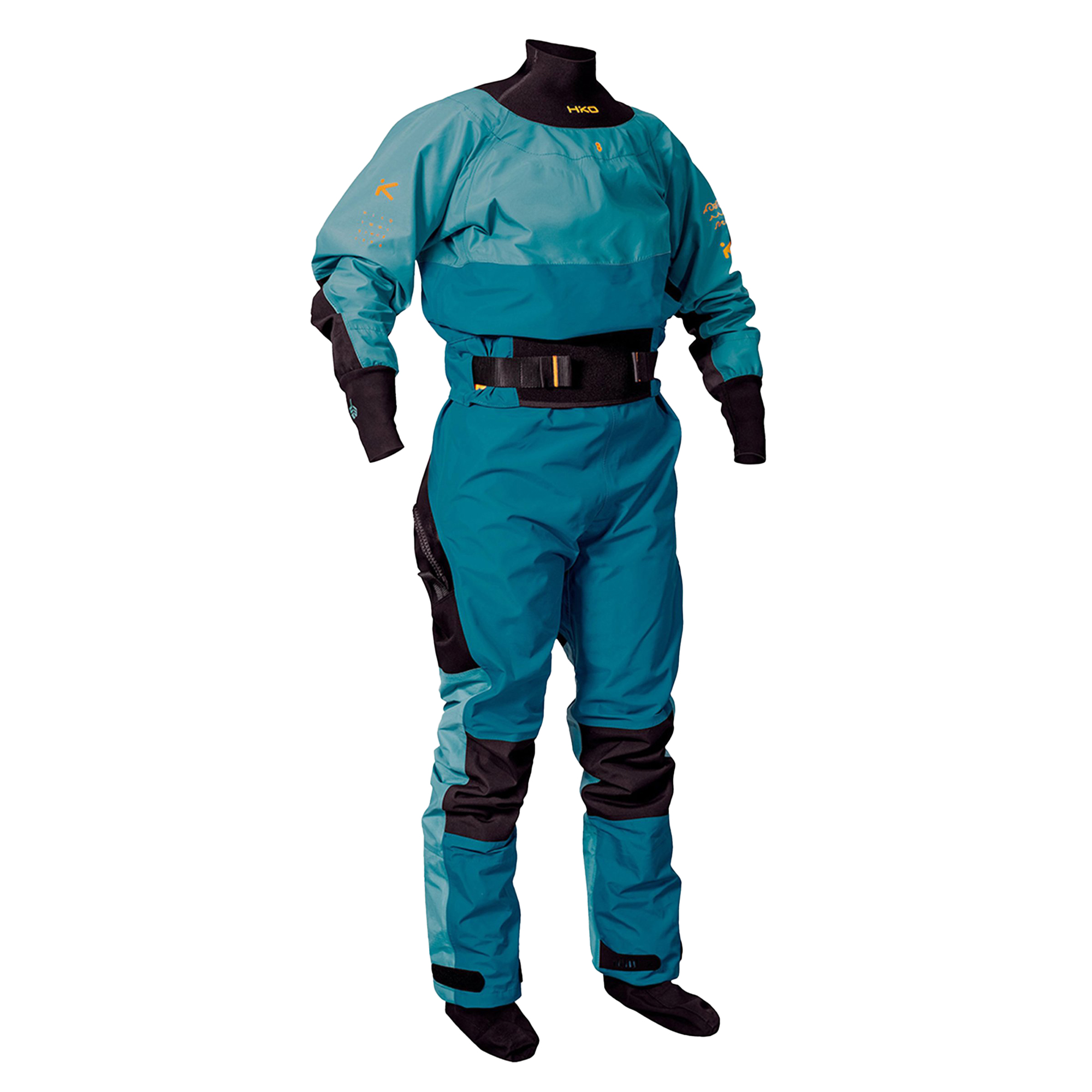 Vorderansicht des blauen Hiko Sport Calypso Air4.X Damen Trockenanzugs in Farbe Kaituna, mit Rücken-Einstieg, Latexmanschetten und robusten Cordura-Verstärkungen an Knien, Ellenbogen, Sitzfläche und Füßlingen für Wildwasser-Einsatz.