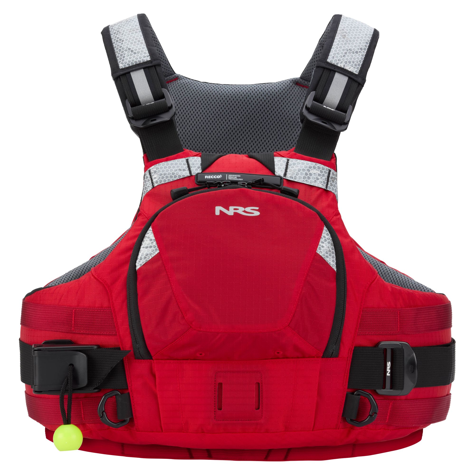 Frontansicht der NRS Vector Wildwasser-Schwimmweste in Rot. Rettungsweste mit Orbit-Fit-System, Schlupf-Einstieg, gepolsterten Schultergurten und Quick-Release Berge-Gurt.