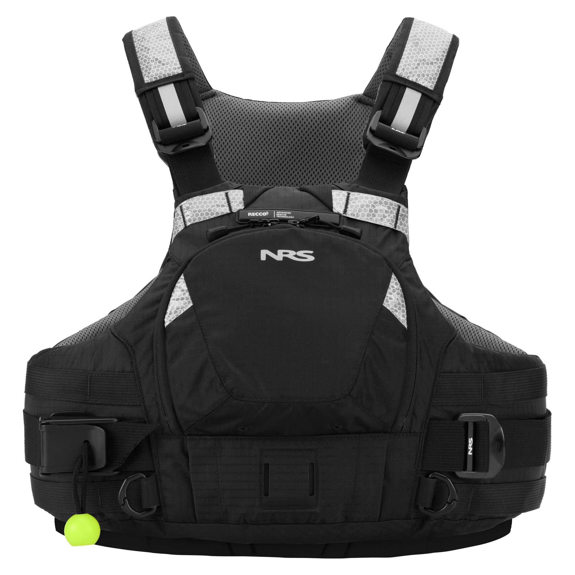 NRS Vector Front Schwarz Frontansicht der NRS Vector Wildwasser-Schwimmweste in Schwarz. Rettungsweste mit Orbit-Fit-System, Schlupf-Einstieg und Quick-Release Berge-Gurt für Paddeln und Rescue-Einsatz.