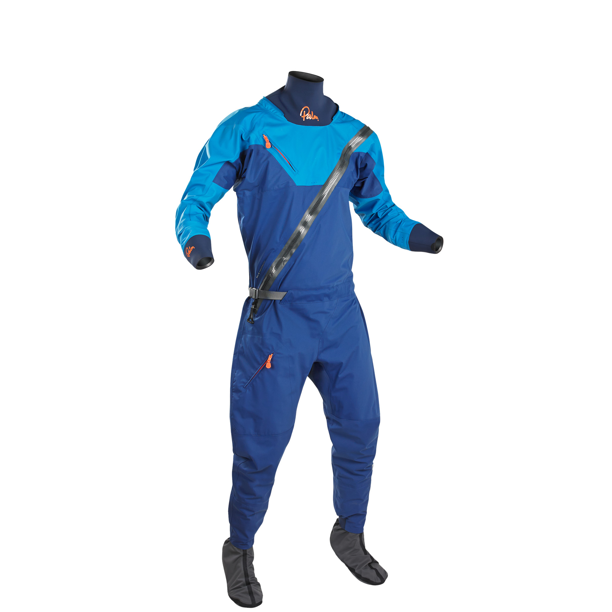 Palm Fuse Adventure Drysuit Navy + Mid Blue Front hood of